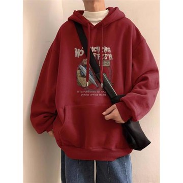 酒紅色連帽衛衣男秋季美式復古潮流百搭上衣oversize寬松休閑外套