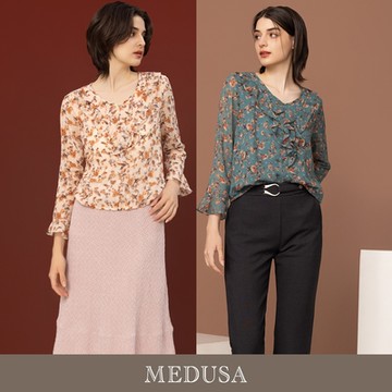 現貨【MEDUSA 曼度莎】荷葉領碎花雪紡上衣 - 2色（M-2L）｜女長袖上衣 上班雪紡上衣
