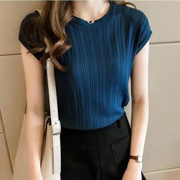 冰絲針織衫女寬松2023夏季新款灰色上衣一字領輕薄短袖t恤小衫