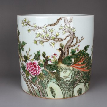 清雍正粉彩手繪孔雀花鳥紋筆筒 古玩古董陶瓷器仿古老貨精品收藏