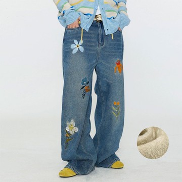 加絨牛仔褲男款直筒褲 冬季花卉刺繡褲子
