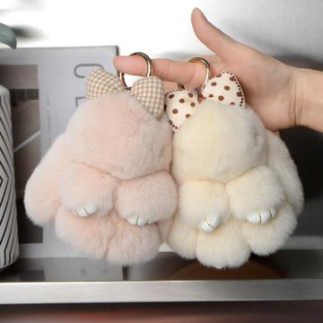 可愛真獺兔毛蝴蝶結小兔子汽車鑰匙扣掛件ins毛絨公仔書包包掛飾