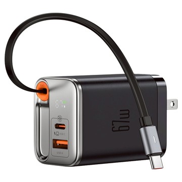 Mcdodo 麥多多 67W USB-C/USB-A 自帶伸縮線雙口氮化鎵快充充電器  黑色  1個