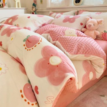 牛奶豆豆絨四件套冬季加厚雙面珊瑚絨被套單件床單床上三件套AB面