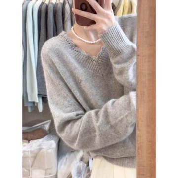 慵懶高級感浣熊絨v領套頭灰色毛衣女春秋加厚寬松小個子針織上衣