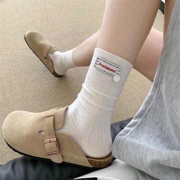 韓版素色布標貝殼襪子 女中筒襪 春秋棉純棉襪 夏季無骨堆堆襪 百搭ins潮襪 女生長襪子