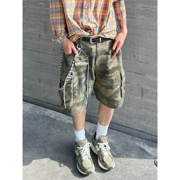 美式伐木工裝短褲男夏季高街多口袋水洗做舊寬松休閑迷彩五分中褲