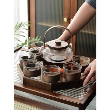 家用耐高溫玻璃茶壺花茶壺提梁壺帶托盤煮茶水壺泡茶壺煮茶器套裝