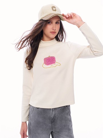 泰迪QQ毛金鍊包包小立領太空棉上衣-米白