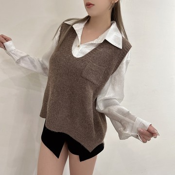 V領口袋針織背心-卡【KT224644】