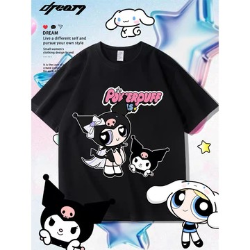 【壹號店】  飛天小女警衣服 庫洛米玉桂狗聯名短袖t恤女 小女警花花可愛上衣服女 寬鬆遮屁股長款上衣 純棉重磅短袖t