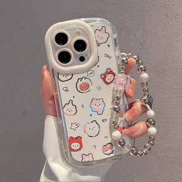 可愛動物適用蘋果16promax手機殼卡通鏡面iphone15pro彩繪新款14PM高級感女款13創意12手鏈16pro防摔保護套16