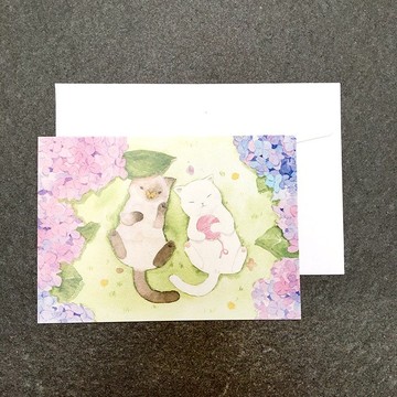 貓咪與紫陽花水彩明信片