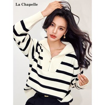 拉夏貝爾/La Chapelle秋季海軍領半拉鏈針織衫條紋毛衣外套上衣女