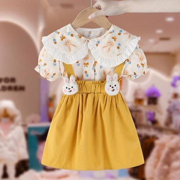 女童背帶裙套裝夏季2025新款兒童裝洋氣兔子背帶公主裙棉質兩件套