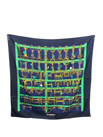 【日本直送 名牌中古包】HERMES 愛馬仕 絲巾 海軍藍  ચિત્રો 90 絲綢 Mors & Filets vintage uk668y