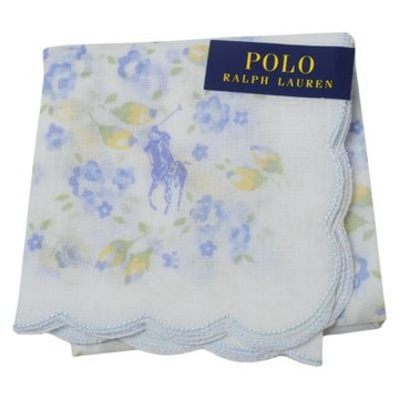 RALPH LAUREN POLO 淺藍系花卉荷葉邊圖騰馬球LOGO圖騰迷你帕巾(34CM)
