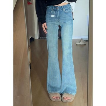 藍色復古高腰微喇叭牛仔褲女春季新款設計感彈力顯瘦小個子馬蹄褲