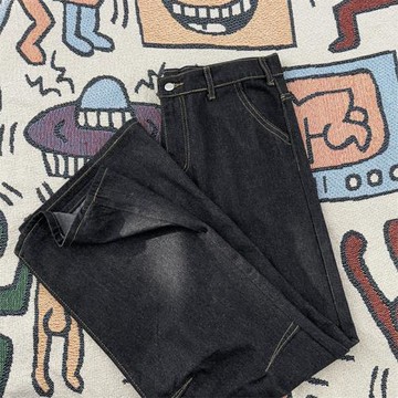 美式復古簡約明線黑色微喇牛仔褲男夏季寬松直筒顯瘦水洗休閑褲子