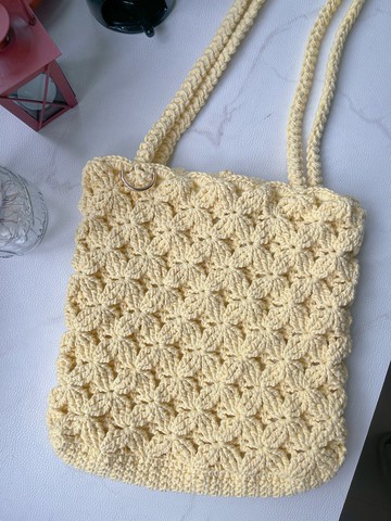 手工鉤織Fantasia 繁花手提袋單肩手袋淺黃色色針織鈎織編織手作