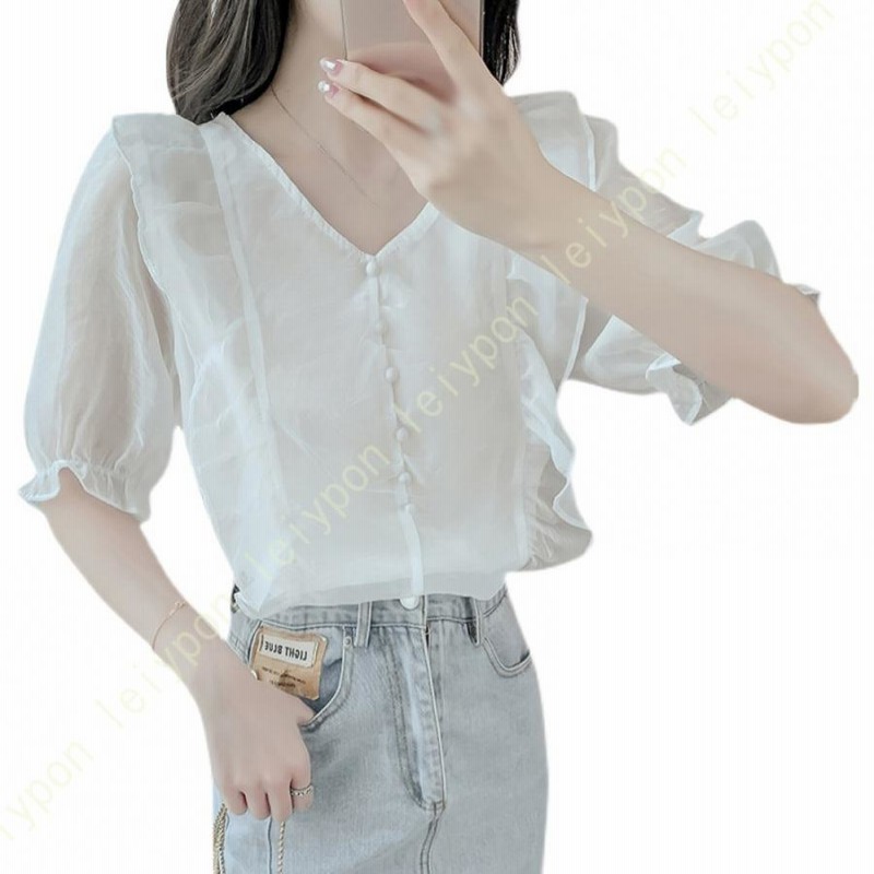 レディース ブラウス シャツ シフォン Vネック 半袖 姫系 フリル トップス 無地 リボン 通勤 オフィス エレガント ゆったり カジュアル かわいい きれいめ レディース ブラウス シャツ シフォン Vネック 半袖 姫系 フリル