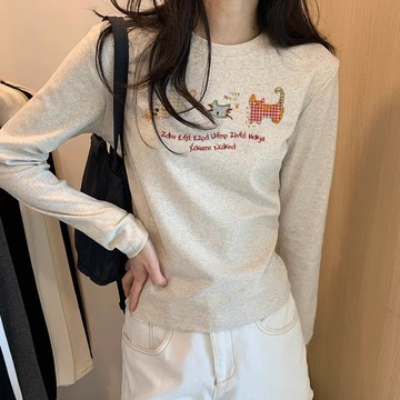 臺灣出貨 美式復古正肩長袖 t恤女 時尚塗鴉貓咪印花上衣 修身顯瘦圓領上衣 長袖女 t恤女 上衣 內搭女