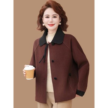 新中式媽媽秋裝雙面呢短款外套時尚新款中老年女秋冬洋氣毛呢上衣