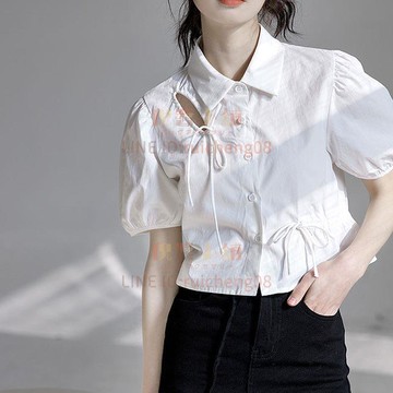 襯衫黑白色女短袖新設計感小眾襯衣學生外穿泡泡袖短款時尚百搭上衣夏【倪醬】