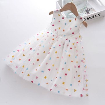 夏季新款彩色幾何圖形印花女童時尚洋氣可愛潮圓領無袖網紗背心裙