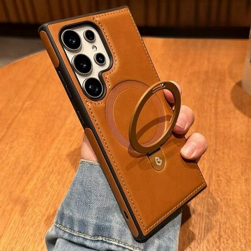 一體磁吸支架 皮質手機殼 適用於 三星Galaxy A55 S23 S24 S25 S26 Ultra S26+ 保護殼