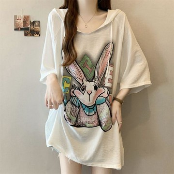 🎈熱賣款🎈大碼起皺冰絲兔子印花連帽短袖t恤女春夏新款寬鬆顯瘦上衣女
