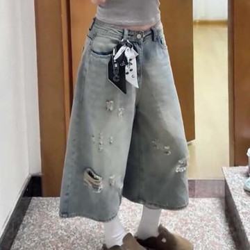 胖胖美依 中褲 闊腿褲 牛仔褲 直筒褲 中大尺碼S-4XL新款破洞七分牛仔短褲小個子寬鬆遮肉顯瘦a字直筒中褲-8872.