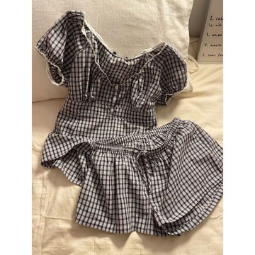 ♡ 𝑪𝒉𝒊𝒄 𝒖 ♡韓版甜美格子V領高級感睡衣女夏季薄款可外穿短袖短褲居家服套裝