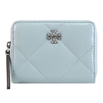 TORY BURCH 品牌水鑽LOGO絎縫皮革ㄇ字拉鍊零錢包(淡藍)
