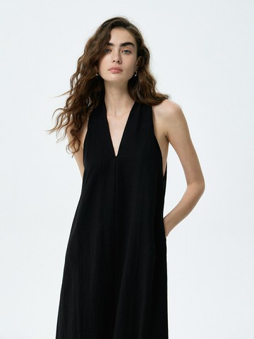 夏海邊度假風掛脖白色連衣裙中長款V領背心裙子女【木屋雜貨】