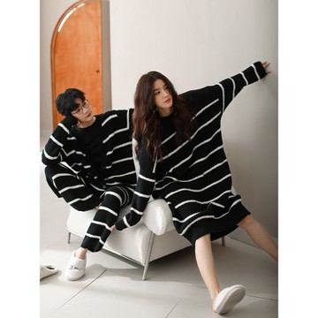 美騰情侶睡衣冬款軟綿綿半邊絨條紋加厚睡裙女家居服保暖男士套裝