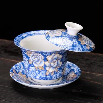 可懸停蓋碗旋轉2025新款青花白瓷花式三才泡茶碗茶盞功夫懸浮蓋子