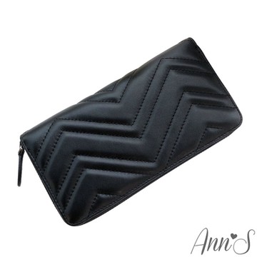 Ann’S經典優雅-W車線8卡夾真皮小羊皮長夾