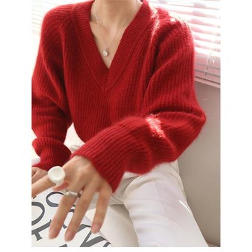 新年紅歐貨重磅V領純羊毛衫寬松慵懶風加厚毛衣女羊絨針織打底衫