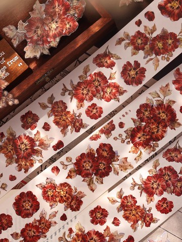 蜀葵  輕復古紅橙大小花和紙PET手帳貼咕卡膠帶手帳拼貼