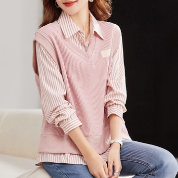 【LANNI 藍尼】現+預 假兩件直條紋襯衫上衣(上衣/女裝/襯衫/休閒/百搭)