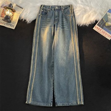 水洗直筒拼接織帶牛仔褲男士春秋季薄款美式寬松闊腿復古休閑長褲