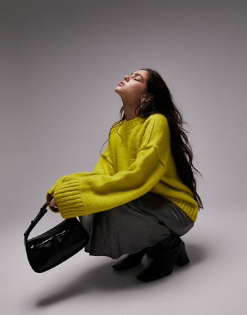 Topshop knitted relaxed crew neck exposed seam jumper in green