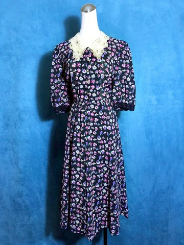 深藍花朵刺繡領片輕古董洋裝/ 國外帶回 VINTAGE