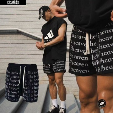 飛鴻涯hell is heaven美式字母滿印百搭短褲男夏季網眼籃球運動褲運動短褲美式籃球褲網面透氣短褲大尺碼短褲五分褲