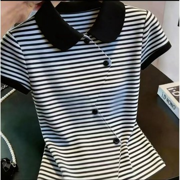 絕美條紋POLO衫女 上衣 POLO衫 短袖衫 POLO領高級感獨特漂亮翻領短袖女新款夏季絕美條紋顯瘦上衣 女裝