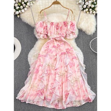 夏季甜美吊帶裙海邊度假沙灘裙時尚收腰a字荷葉邊印花雪紡連衣裙