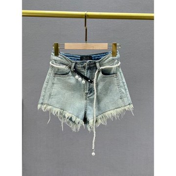 牛仔短褲女潮2024年新款夏季高腰修身顯瘦ins歐洲站毛邊腰鏈熱褲