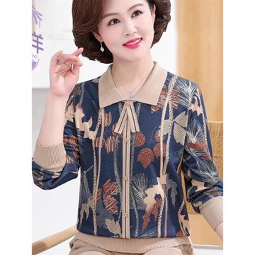 中老年春秋長袖針織上衣50歲媽媽秋裝新款翻領打底衫女裝薄款t恤