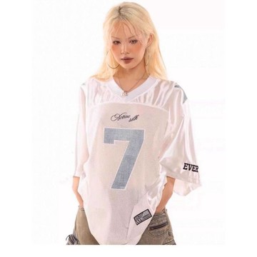 本土出貨  美式冰球服 數字球衣 橄欖服 新款美式復古7號football球衣短袖T恤女夏季薄款寬鬆落肩上衣Q R
